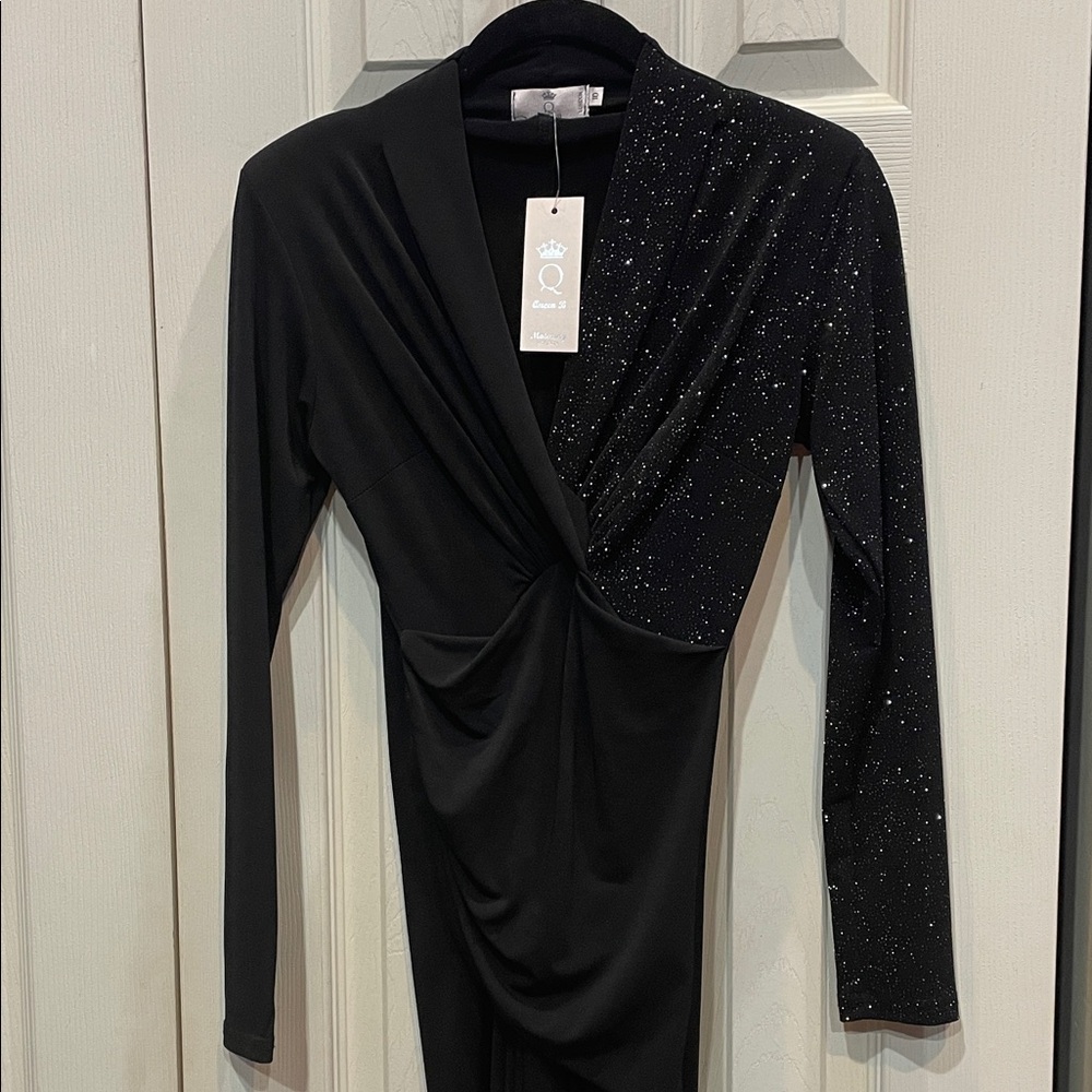 Queen B Maternity Bodycon Chic Black Long Sleeve Sparkle Size 10 Midi Dress
